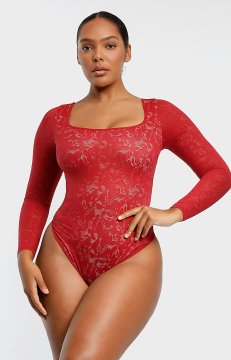 (image for) Shapellxofficial Lace Glamour Leavy Florals Long Sleeve Bodysuit