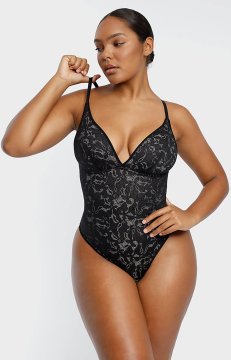 (image for) Shapellxofficial Lace Glamour Leavy Florals Cami Thong Bodysuit