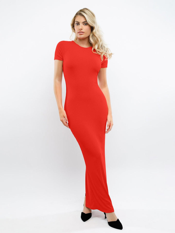 
Popilush Built-In Shapewear Mock Neck Modal Short Sleeve Maxi Dress