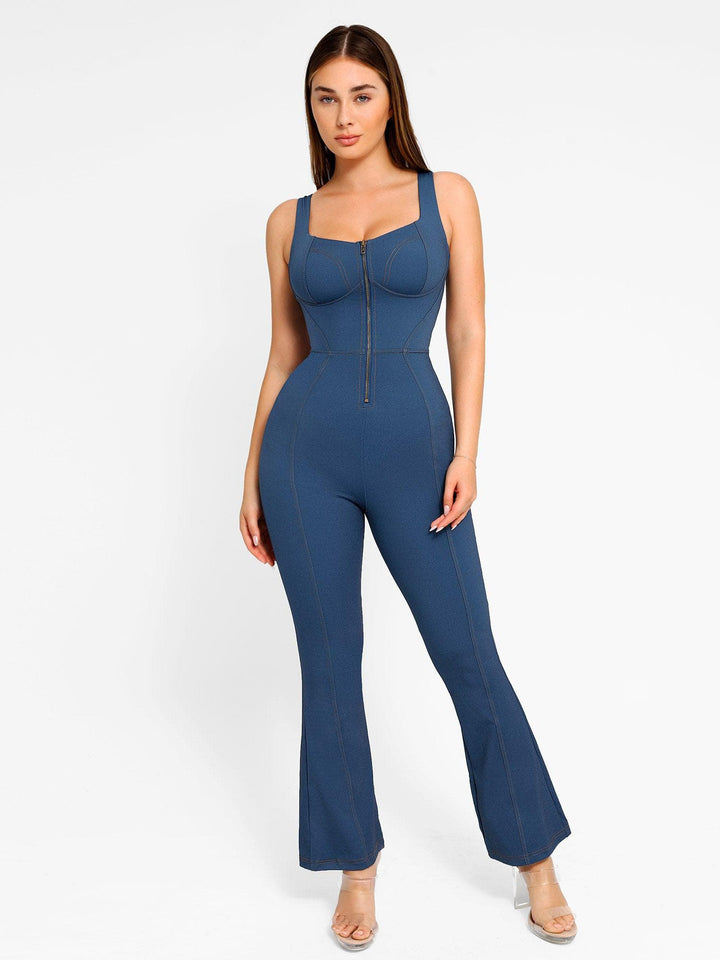
Popilush Denim Square Neck Tank Top Flare Jumpsuit