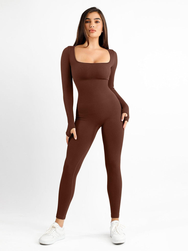 
Seamless Thumb Hole Square Neck Long Sleeve Jumpsuit
